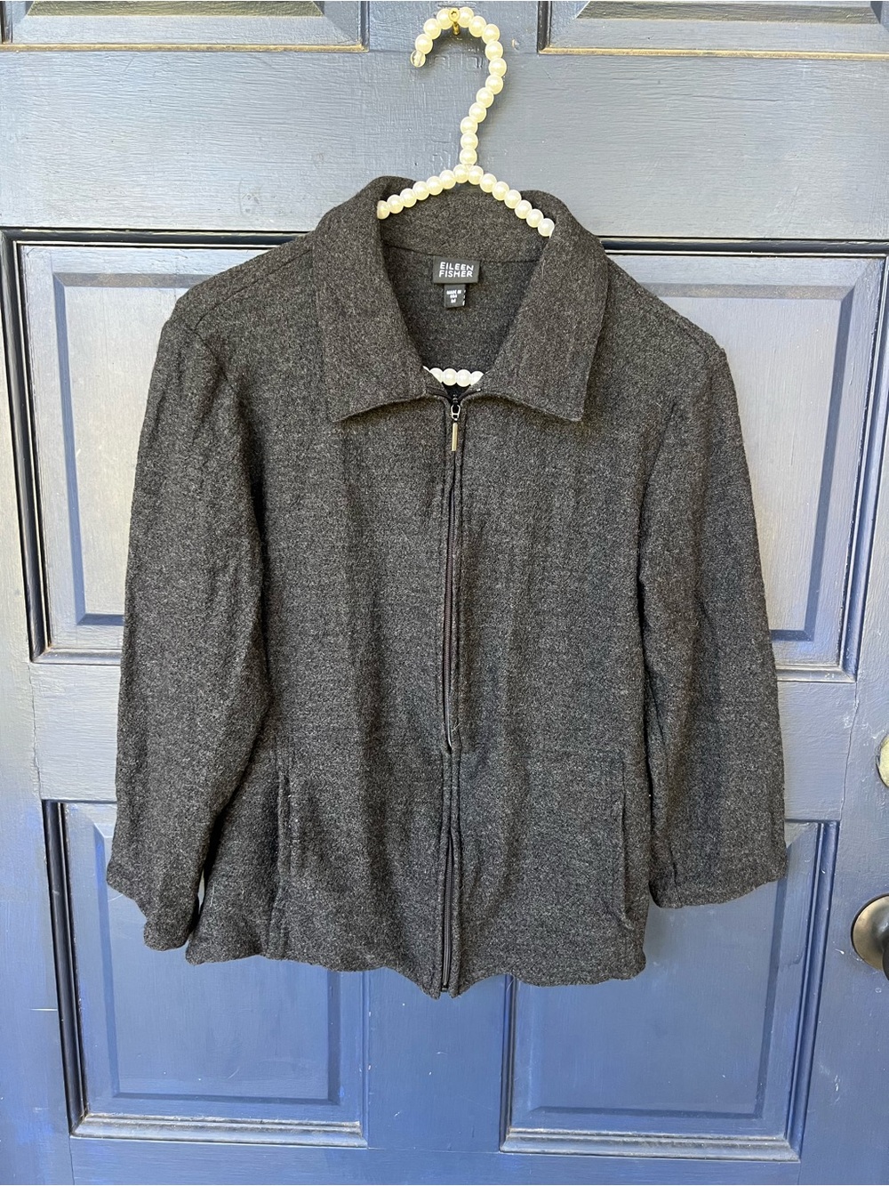 EILEEN FISHER Charcoal Gray Zip-Front Wool Jacket